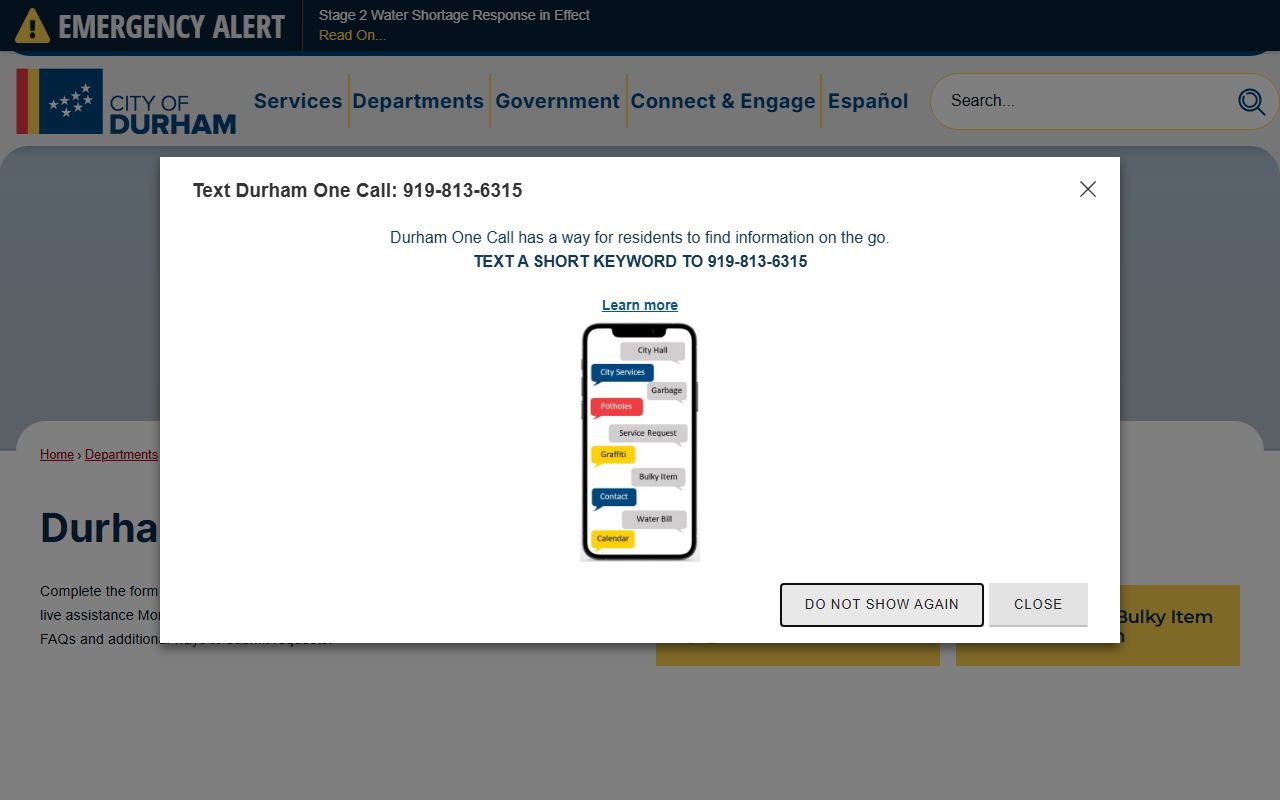 Durham phone directory One Call online request page