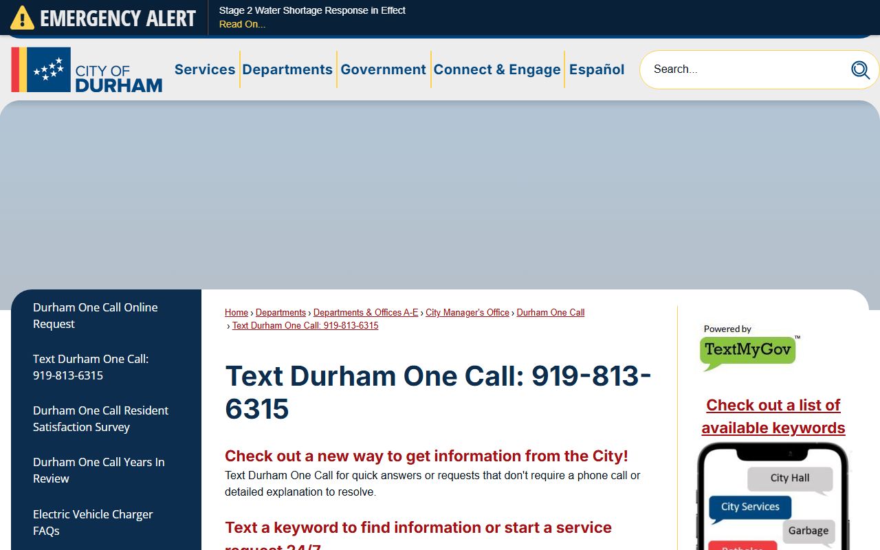 Durham phone directory One Call text line instructions