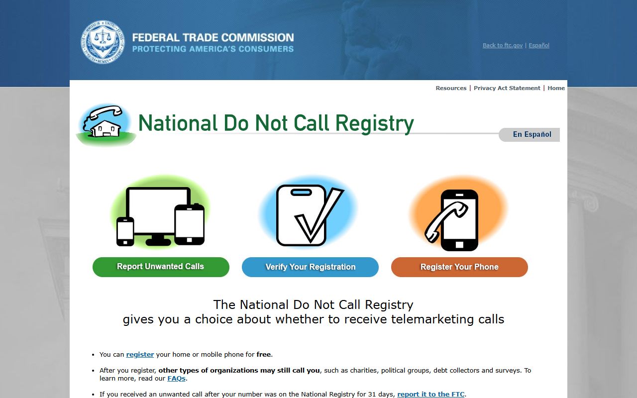 Durham phone area codes FTC Do Not Call Registry page